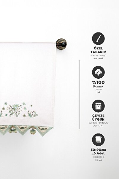 Durul Kadife Lüks Nakışlı Gipürlü Çeyizlik El Havlusu 6 Lı Paket