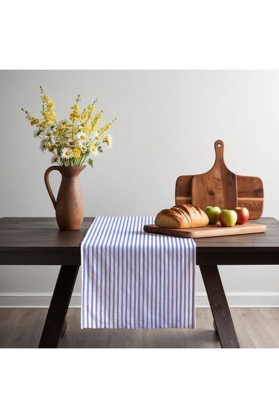KAMİZ Linen Runner - Navy Blue Striped, 40x150 Cm