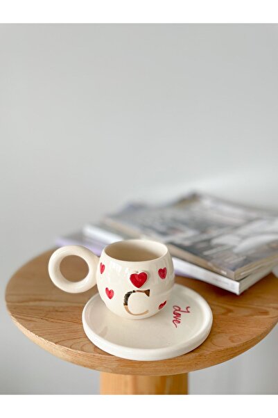 Mugtasarım 24K Gold Gilt Double Handmade Ceramic Turkish Coffee Cup - Letter C - Red