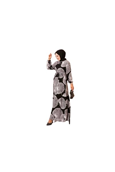 ZY BUTİK Viscose Long Sleeve Black-White Patterned Boydandan Summer Dress