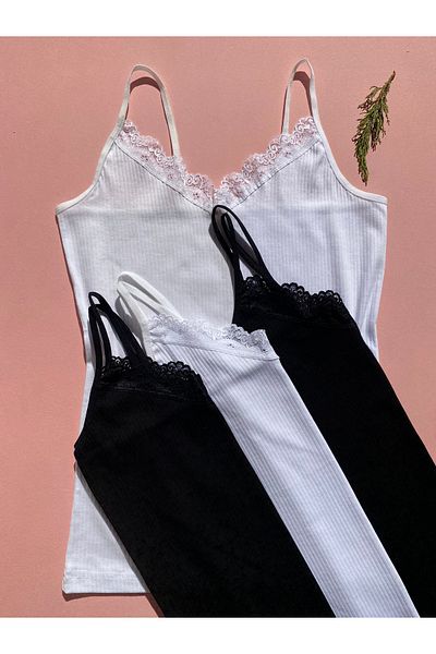LEYNA BUTİK Women's 4 Rope Strap Cotton, Lycra, Lace, Ribbed Ribbed Blouse-Athlete (2 Black - 2 White)