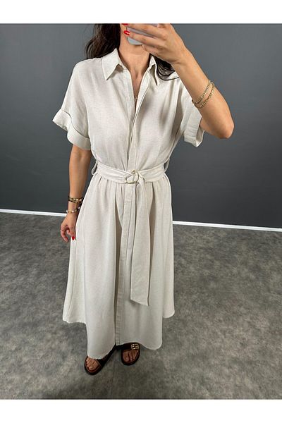 DUSOHOME Linen Dress - Hidden Button and Belt Detail