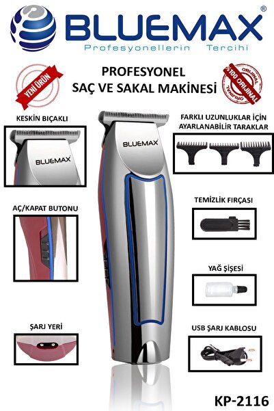 Bluemax Keskin Bıçaklı Ense Saç Sakal Kullanımına Uygun Profesyonel Tıraş Mak...