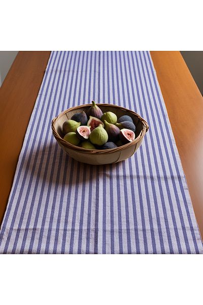 KAMİZ Linen Runner - Navy Blue Striped, 40x150 Cm