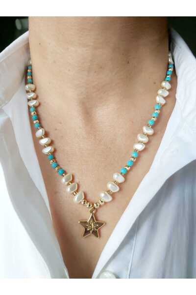 DEVİ fashion Blue Natural Stone Pearl Necklace with Star Tip