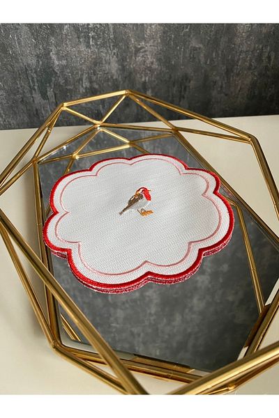NURHAN HOME COLLECTION Love Birds Linen Fabric Red Embroidered Coffee Side Cocktail Presentation Napkin