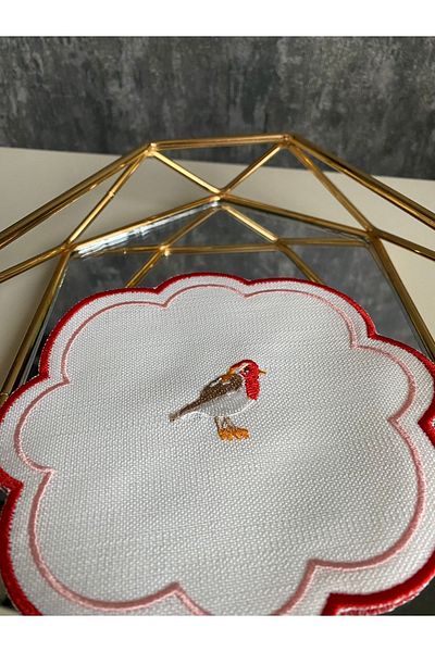 NURHAN HOME COLLECTION Love Birds Linen Fabric Red Embroidered Coffee Side Cocktail Presentation Napkin