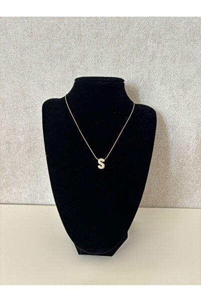 SEM STORE Gold Colored Stoned Letter S Steel Necklace