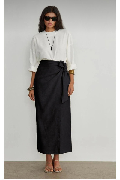 Genel Markalar Yandan bağlamali içi astarli keten etek eyll