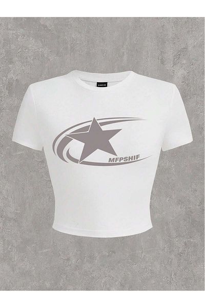 Bengi Clothing Λευκό εμπριμέ γυναικείο Crop Top - Y2k κοντομάνικη μπλούζα