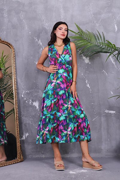 ZEYWEAR فستان واسع بياقة مزدوجة الصدر وربطة عنق في الخلف