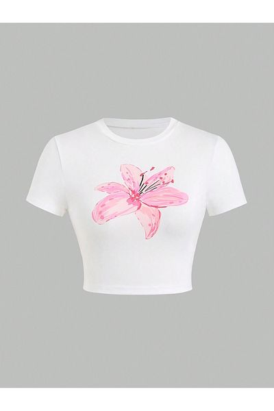 Bengi Clothing Λευκό εμπριμέ γυναικείο Crop Top - Y2k κοντομάνικη μπλούζα