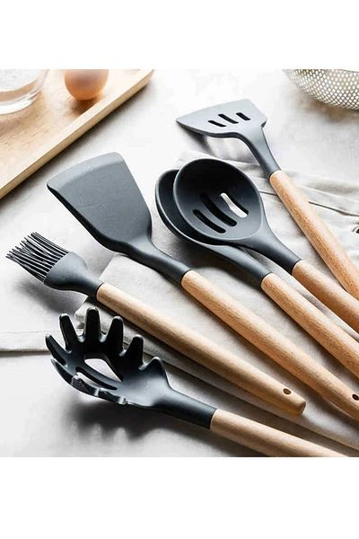 safestore 12 Pieces Wooden Handle Silicone Kitchen Pastry Silicone Ladle Beater Brush Colander Spoon Holder Tongs Spatula Set