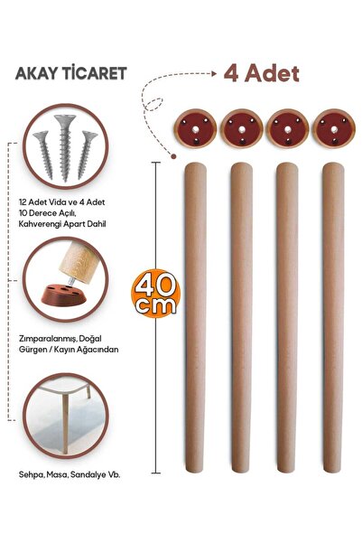 AKAY TİCARET Sehpa Ayağı Ahşap Konik Ayak 4 Adet 40 Cm