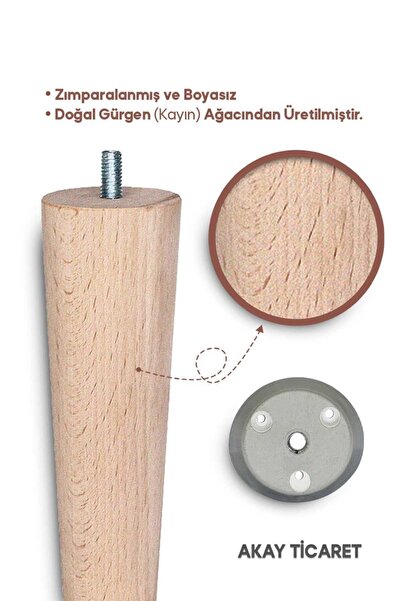 AKAY TİCARET Sehpa Ayağı Ahşap Konik Ayak 4 Adet 50 Cm Beyaz Aparat