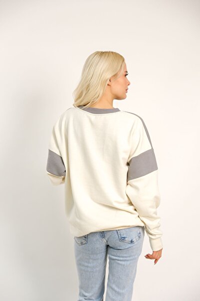 MODARİCH Basic Horizontal Double Color Pieced Winter Thick Sweatshirt - Smoke Beige Oversize Crew Neck