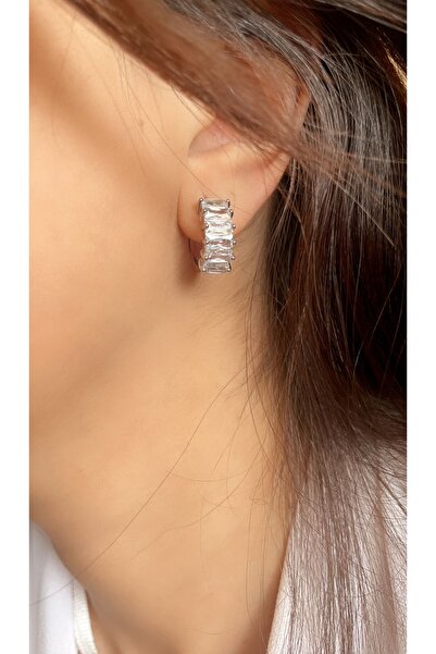 SİSTORİZE Your Luxury Tamtur Zirkon Taşlı Halka Çelik Küpe Rodyum Gri