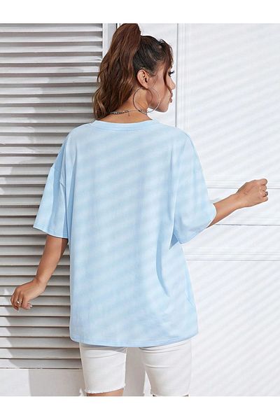 MODARİCH Ιαπωνικό μπλουζάκι με λουλούδια - Baby Blue με στάμπα Oversize Crew λαιμόκοψη κοντό μανίκι φαρδύ