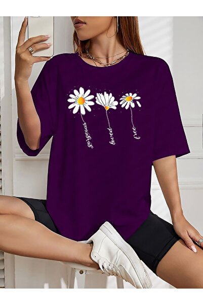 MODARİCH Tricou oversize cu trei margarete cu imprimeu violet - decolteu, man...