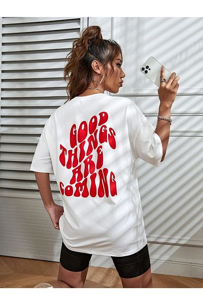 MODARİCH Μπλουζάκι Good Things - Λευκό, εμπριμέ, λαιμόκοψη, υπερμεγέθη, κοντό μανίκι, Boyfriend, Loose