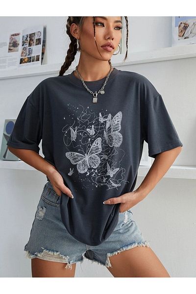 MODARİCH تيشيرت Land of Butterflies - رقبة دائرية وأكمام قصيرة وفضفاضة بطبعة مدخنة