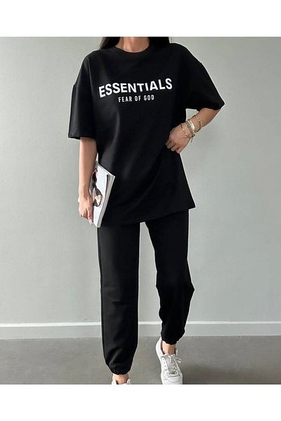 MODARİCH Essentials Sweatpants T-shirt - Black Jogger T-Shirt Bottom Top Tracksuit Set Oversize Crew Neck