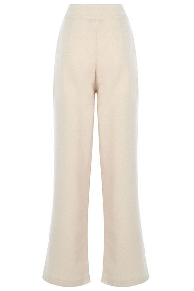 FLAST Women's High Waist Long Wide Leg Linen Beige Fabric Palazzo Trousers with Pockets
