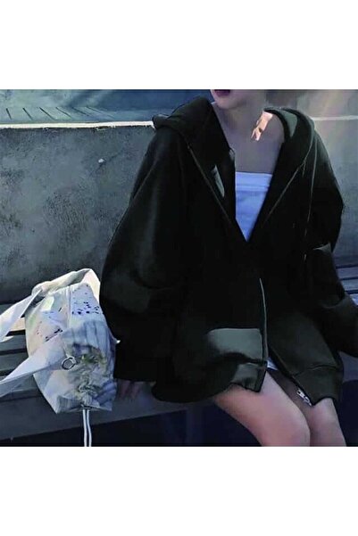 MODARİCH Basic Plain Cardigan - Black Winter Oversize Hooded Cardigan with Zi...