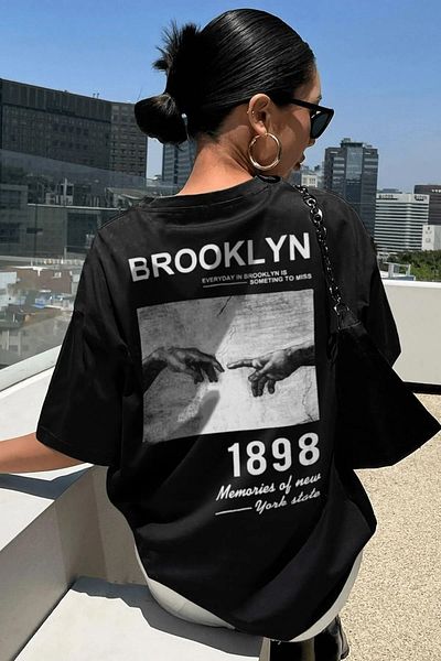 MODARİCH Brooklyn 1898 T-shirt -black, Printed, Crew Neck, Printed, Short Sleeve, Boyfriend, Loose