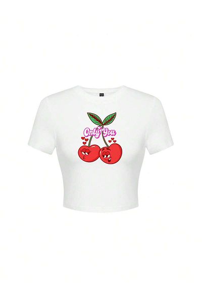Bengi Clothing Λευκό εμπριμέ γυναικείο Crop Top - Y2k κοντομάνικη μπλούζα