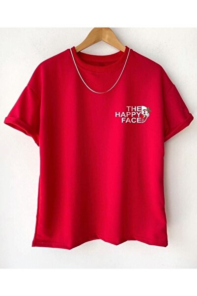 MODARİCH Happy Face T-Shirt - Κόκκινο εμπριμέ μεγάλο λαιμόκοψη κοντό μανίκι