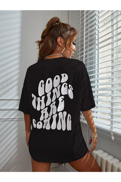 MODARİCH Μπλουζάκι Good Things - Μαύρο, εμπριμέ, λαιμόκοψη, υπερμεγέθη, κοντό μανίκι, Boyfriend, Loose