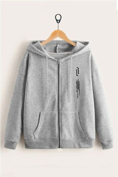 MODARİCH Vertical Cardigan - Gray Printed Winter Oversize Hooded Cardigan wit...