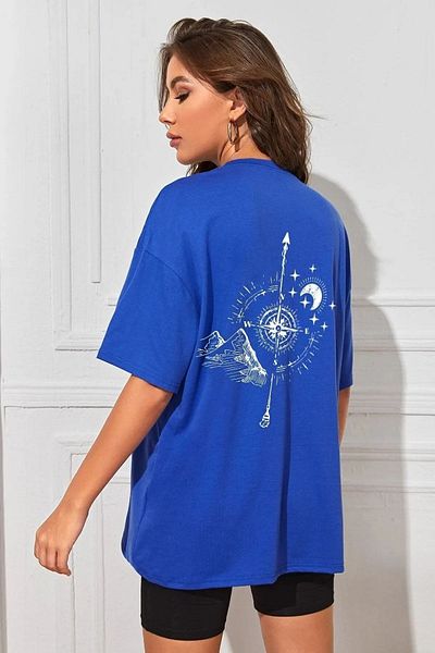 MODARİCH Tricou Compass - Albastru, Imprimat, Decolteu, Oversize, Maneca scurta, Largi