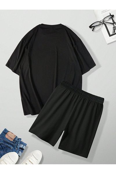 MODARİCH Star Patterned Black T-Shirt and Combed Cotton Shorts - Oversize Crew Neck Set