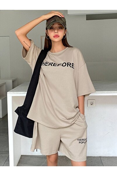 MODARİCH Therefore T-Shirt Penye Şort - Bej Alt Üst Takım Baskılı Oversize Bisiklet Yaka