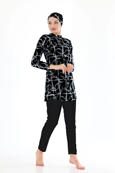 Asgard Tesettür Likralı Siyah Desenli Tam Kapalı Kadın Tesettür Mayo