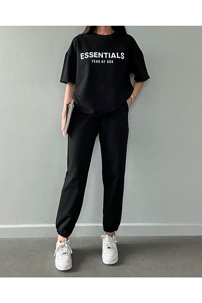 MODARİCH Σετ φόρμας Jogger Esentials Fear Black Printed - Oversize Crew Neck
