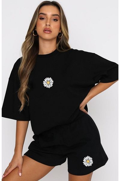 MODARİCH Daisy Pattern T-shirt Shorts - White Black T-Shirt with Shorts Top and Bottom Set Printed Oversize Crew Neck