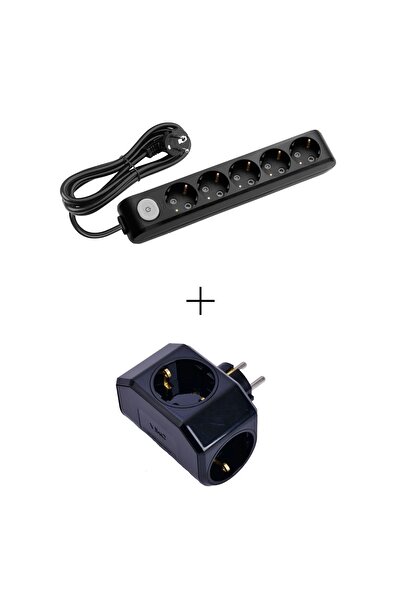 VİKO Siyah Set Multi-let 5'li Anahtarlı Topraklı Çocuk Korumalı Grup Priz -2 Metre + 3'lü Yonca Fiş-priz