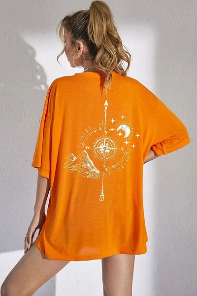 MODARİCH Compass T-shirt - Orange, Printed, Crew Neck, Oversize, Short Sleeve, Loose