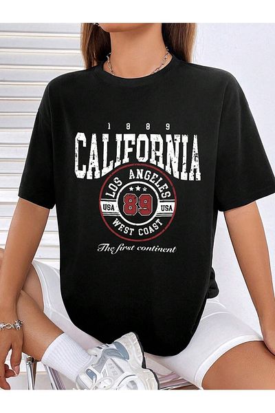 MODARİCH Μπλουζάκι California 89 - Μαύρο με στάμπα Oversize Crew λαιμόκοψη κοντό μανίκι