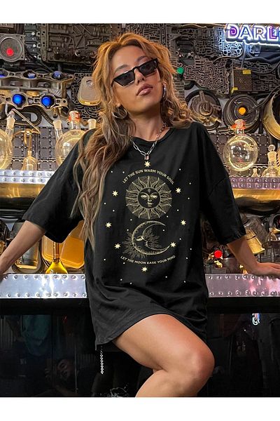 MODARİCH Sun Soul T-Shirt - Μαύρο εμπριμέ Oversize Crew λαιμόκοψη κοντό μανίκι φαρδύ