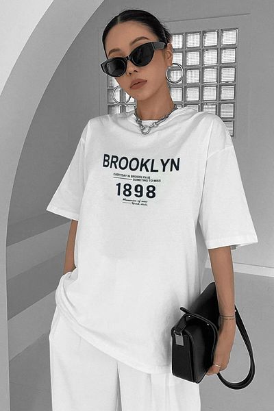 MODARİCH Brooklyn 1898 T-shirt -white, Printed, Crew Neck, Printed, Short Sleeve, Boyfriend, Loose
