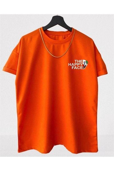 MODARİCH T-Shirt Happy Face - Κοντό μανίκι με πορτοκαλί στάμπα Oversize Crew λαιμόκοψη