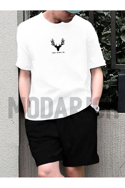 MODARİCH Lucky Deer Horn Λευκό T-Shirt Μαύρο σορτς - Σορτς T-Shirt κάτω επάνω Σετ με στάμπα Crew Neck