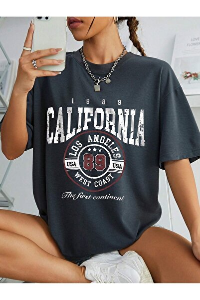 MODARİCH Μπλουζάκι California 89 - Καπνιστό με στάμπα Oversize Crew λαιμόκοψη...