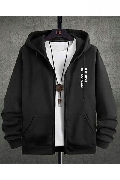 MODARİCH Ζακέτα Believe Yourself - Ζακέτα με μαύρη στάμπα, Winter Oversize Hooded Zipper Pocket Λεπτομερής ζακέτα