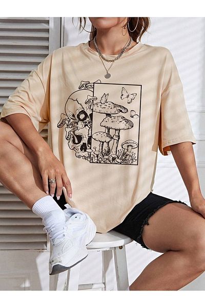 MODARİCH Μπλουζάκι Skull Mushroom - Μπεζ με στάμπα με κοντό μανίκι