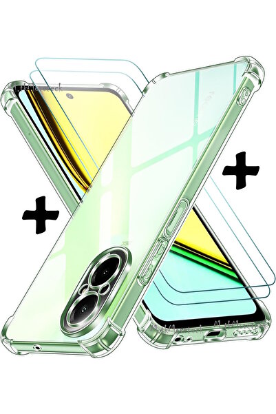 m.tk moveteck Realme 12 Lite Kılıf Köşe Korumalı Darbeye Dayanıklı Antişok Şeffaf Silikon + Ekran Koruyucu Cam Set